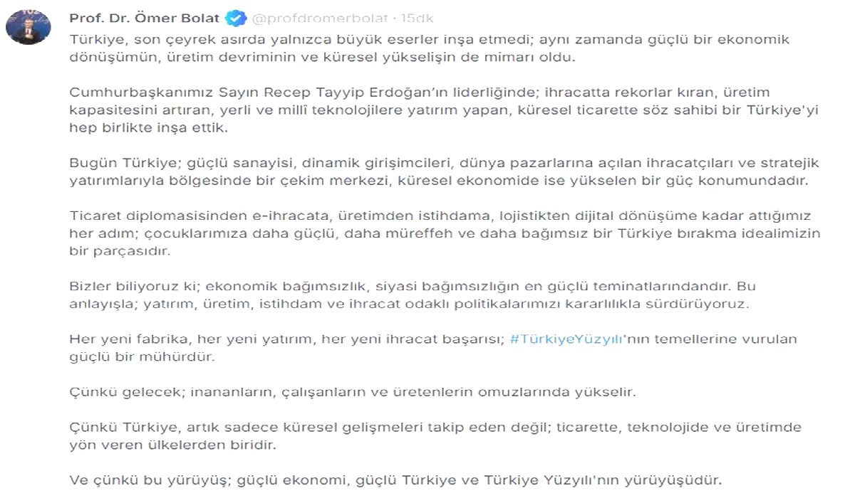Bakan Bolat: Ekonomik bağımsızlık, siyasi bağımsızlığın teminatıdır